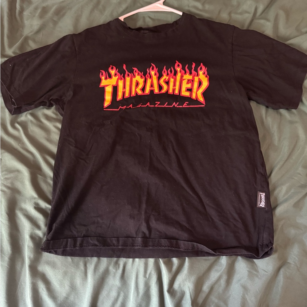 Thrasher Black Tee with Fiery Logo